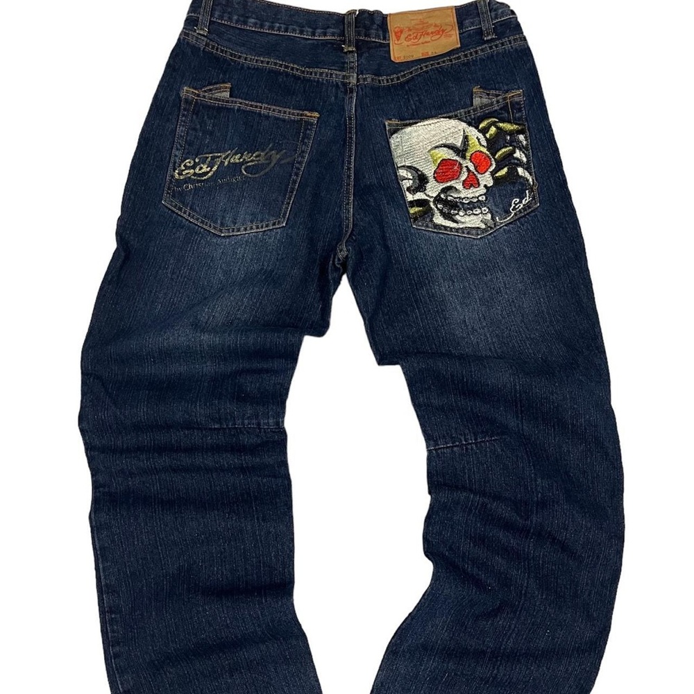 Y2K Ed Hardy Men's Navy Jeans with Skull Embroidery